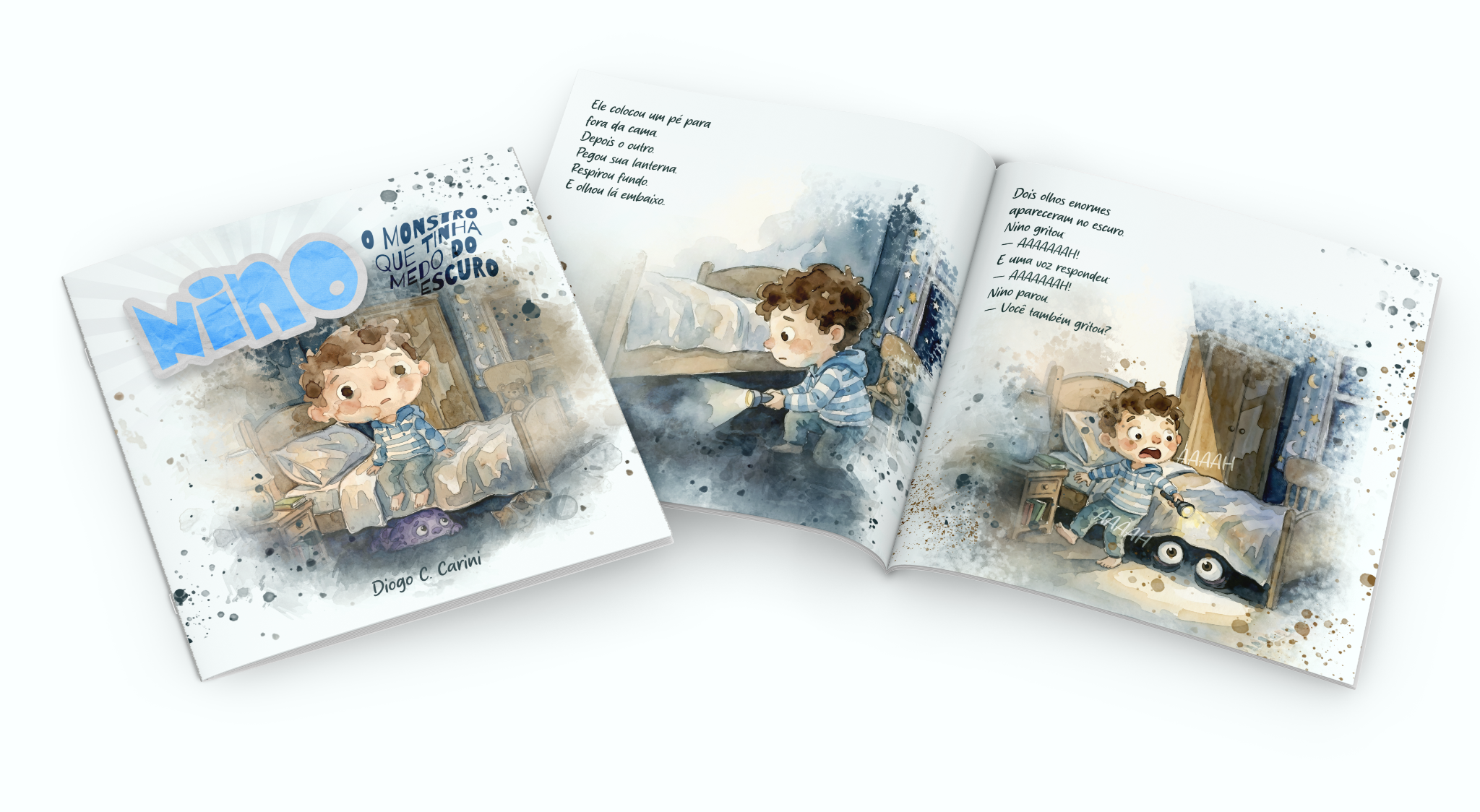 Livro Nino aberto, mostrando páginas ilustradas em aquarela